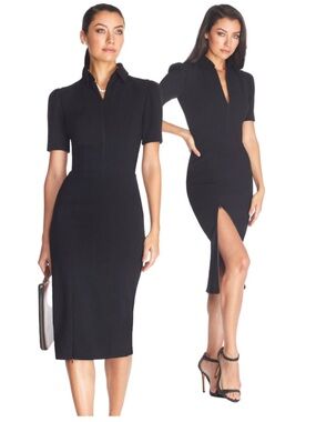 Dress the population Gloria Black transitional  front zip sheath midi dress XXS